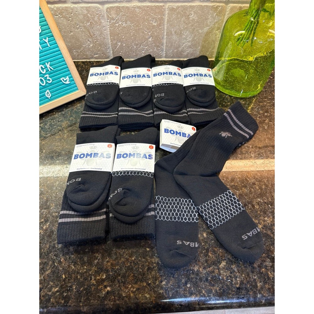 Bombas Athletic Socks - Large - Black/Gray - 7 Pairs - NEW